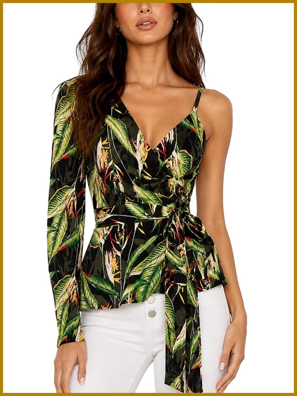 BCBGMaxAzria Floral Green Black Tropical Print Wrap Top